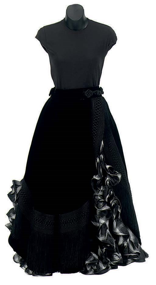 A BLACK VELVET AND RUFFLED TAFFETA FLAMENCO-STYLE SKIRT