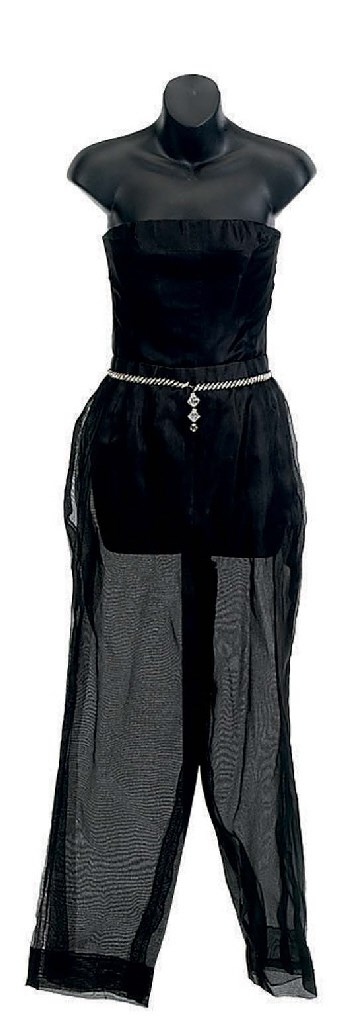 A CHRISTIAN DIOR BLACK STRAPLESS FITTED ONE-PIECE EVENING PANTSUIT