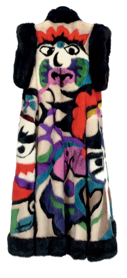 A CHRISTIAN DIOR FULL-LENGTH SLEEVELESS COAT OF MULTI-COLORED DYED MINK WORKED WITH WARRIOR MASKS FROM THE PEKING OPERA