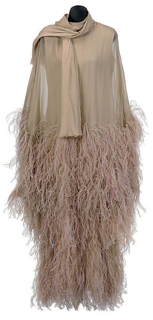 A CHANEL PALE ROSE CHIFFON EVENING GOWN WITH OSTRICH FEATHERS,