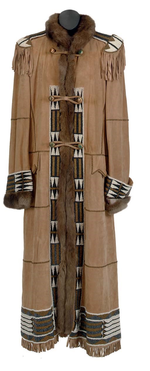 A CHRISTIAN DIOR TAN SUEDE, SABLE LINED, AND BEADED SOUTHWEST-STYLE FULL-LENGTH COAT