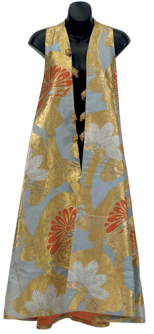 A CHRISTIAN DIOR BLUE-GREY, ORANGE, AND GILT-BROCADE SLEEVELESS LONG EVENING COAT,