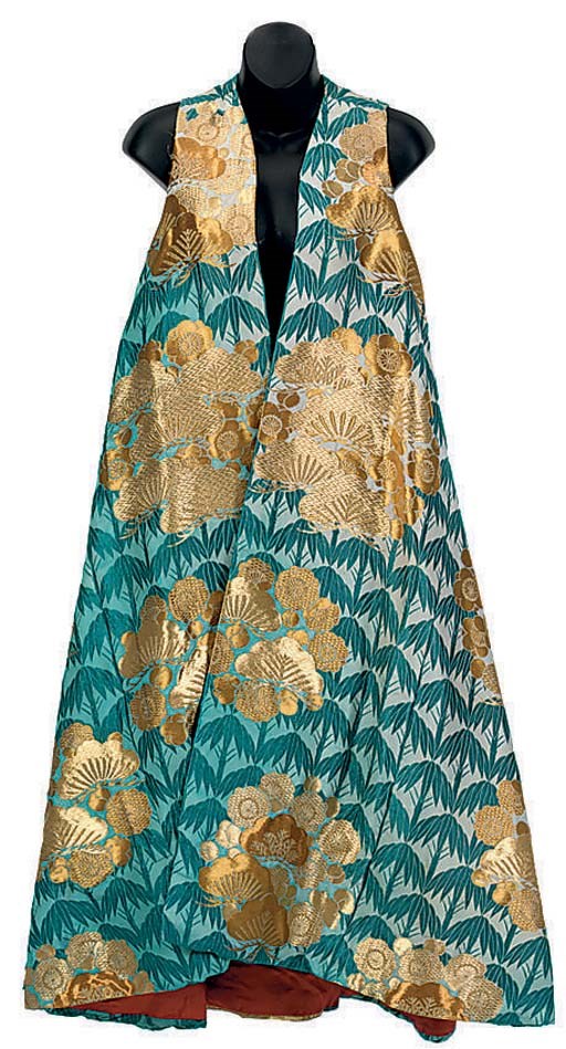A CHRISTIAN DIOR TURQUIOSE AND GILT-BROCADE SLEEVELESS LONG EVENING COAT