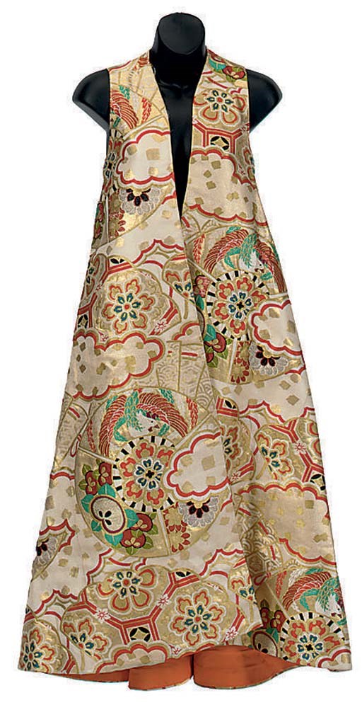 A CHRISTIAN DIOR ORANGE AND GILT-BROCADE SLEEVELESS LONG EVENING COAT