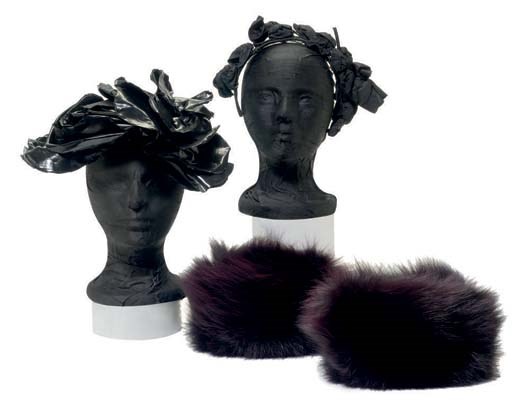 TWO CHRISTIAN DIOR HAIR ACCESSORIES AND A PAIR OF DYED PURPLE FOX FUR CUFFS
