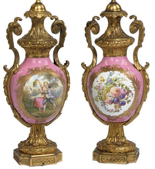 A PAIR OF SEVRES STYLE ORMOLU-MOUNTED PORCELAIN PINK-GROUND VASES