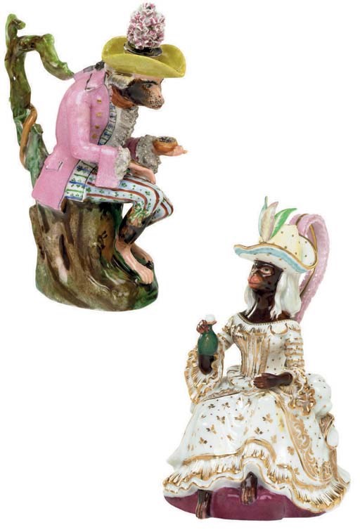 TWO PAIRS OF JACOB PETIT PORCELAIN SINGERIE FIGURAL EWERS AND TWO STOPPERS