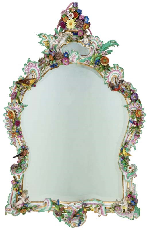 A MEISSEN STYLE PORCELAIN FLOWER-ENCRUSTED MIRROR
