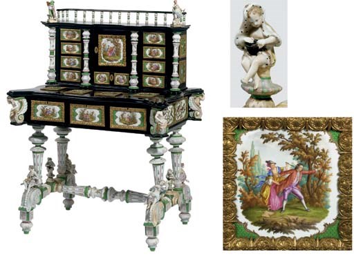 A German gilt-metal and green-ground porcelain-mounted ebonized bonheur-du-jour