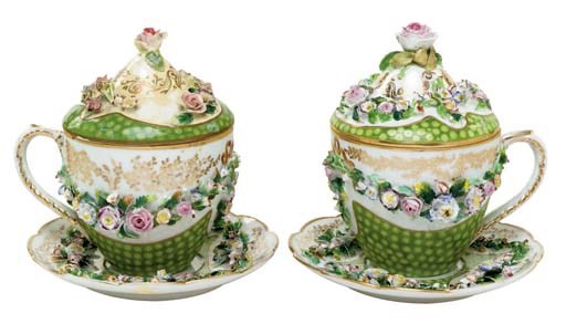 TWO JACOB PETIT PORCELAIN FLOWER-ENCRUSTED PATTERNED-GREEN GROUND BREAKFAST CUPS, COVERS AND STANDS AND AN APPLE-GREEN GROUND BOWL AND COVER