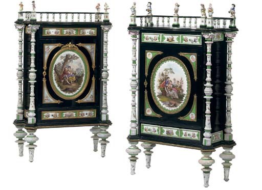 A matched pair of German gilt-metal and green-ground porcelain-mounted ebonized side-cabinets