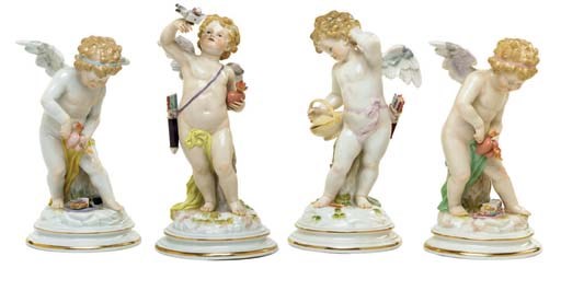 FOUR MEISSEN (OUTSIDE-DECORATED) PORCELAIN FIGURES EMBLEMATIC OF LOVE