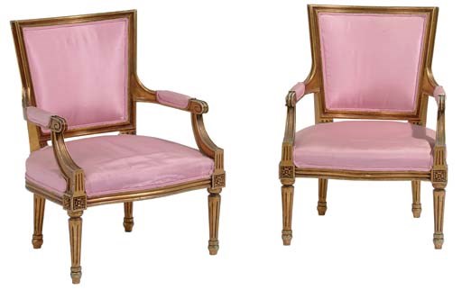 A PAIR OF LOUIS XVI STYLE GILTWOOD CHILD'S FAUTEUILS