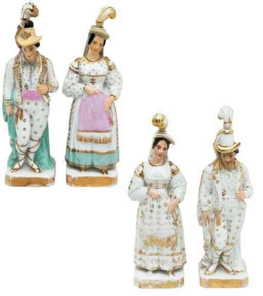 TWO PAIRS OF JACOB PETIT PORCELAIN SCENT-BOTTLES AND FOUR STOPPERS