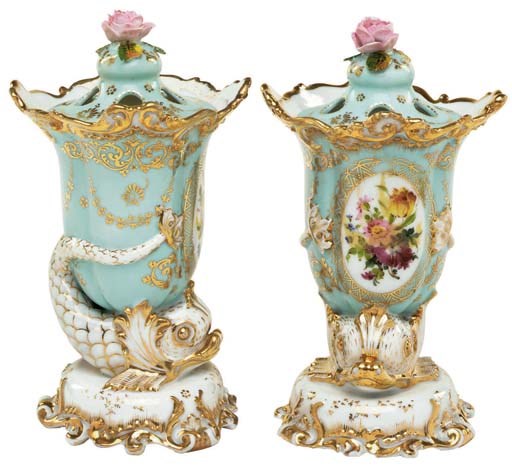 A PAIR OF JACOB PETIT PORCELAIN PALE-BLUE GROUND POT-POURRI VASES AND COVERS