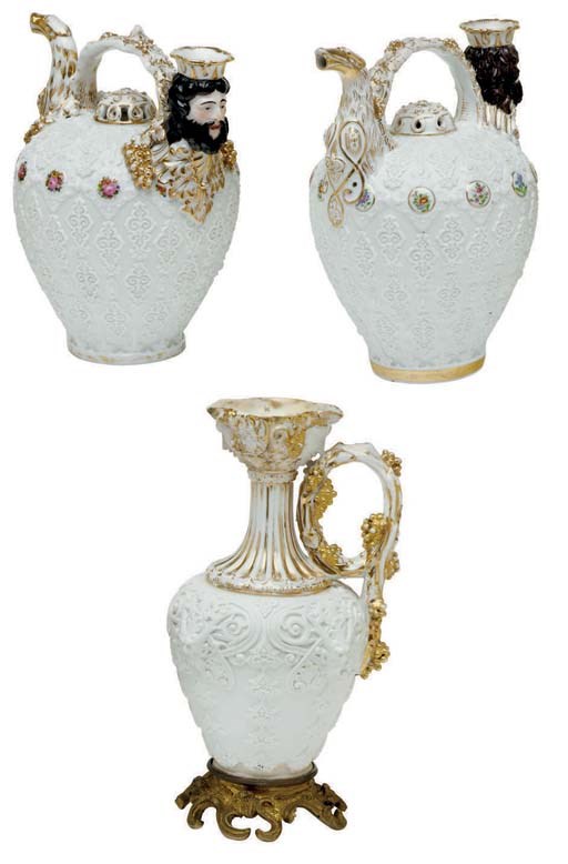 AN ASSEMBLED JACOB PETIT PORCELAIN THREE-PIECE PARCEL-BISCUIT GARNITURE