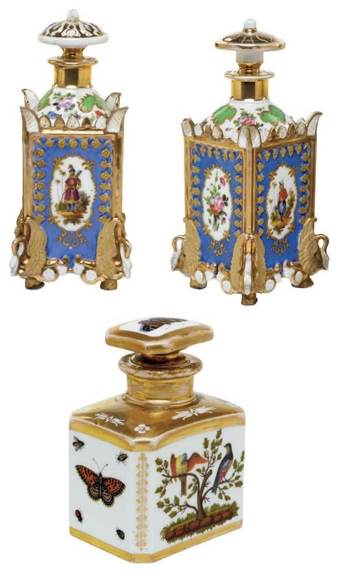 A PAIR OF JACOB PETIT PORCELAIN BLUE-GROUND SCENT-BOTTLES AND TWO STOPPERS AND ANOTHER SCENT-BOTTLE AND STOPPER