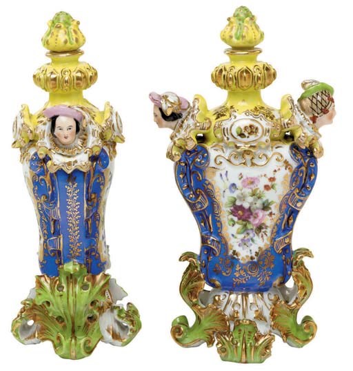 A PAIR OF JACOB PETIT PORCELAIN BLUE AND YELLOW GROUND SCENT-BOTTLES AND STOPPERS