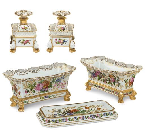 A PAIR OF JACOB PETIT PORCELAIN SCENT-BOTTLES AND STOPPERS AND TWO JARDINIERES AND ONE MATCHING STAND