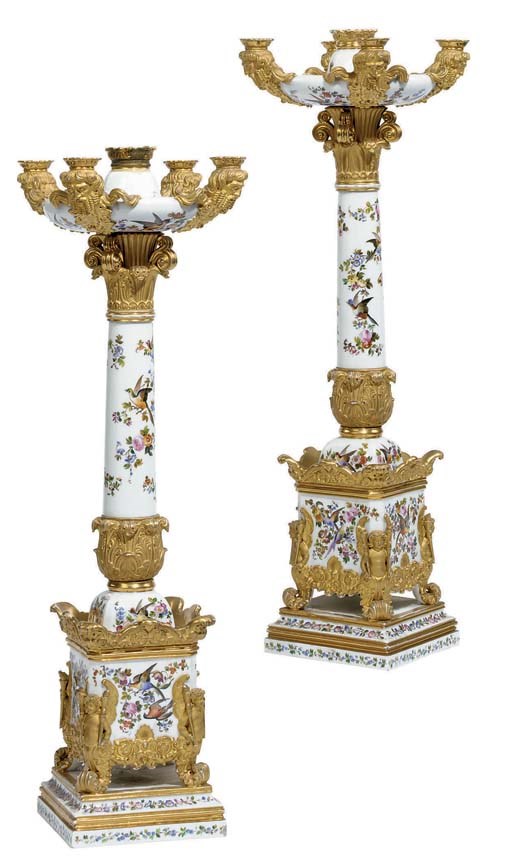 A PAIR OF JACOB PETIT PORCELAIN FOUR-LIGHT CANDELABRA AND STANDS