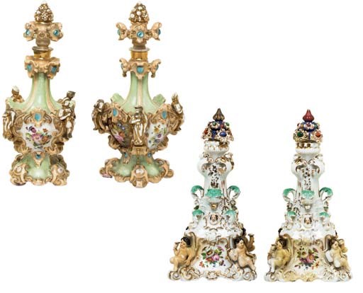 A PAIR OF JACOB PETIT PORCELAIN SCENT-BOTTLES AND STOPPERS AND ANOTHER PAIR OF SCENT BOTTLES AND TWO STOPPERS