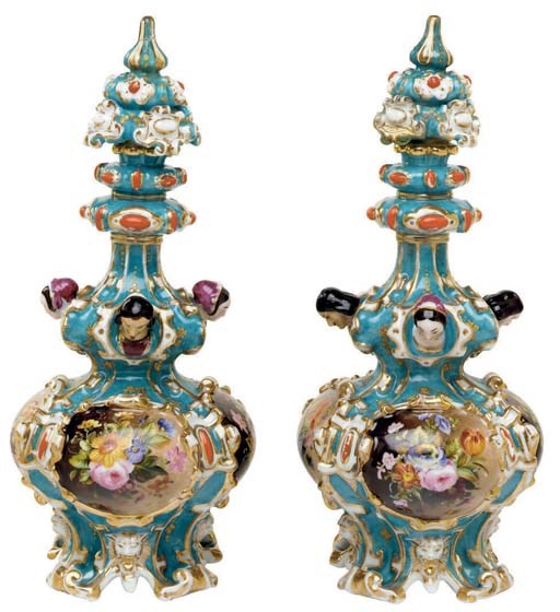 A PAIR OF JACOB PETIT PORCELAIN TURQUOISE-GROUND SCENT-BOTTLES AND STOPPERS