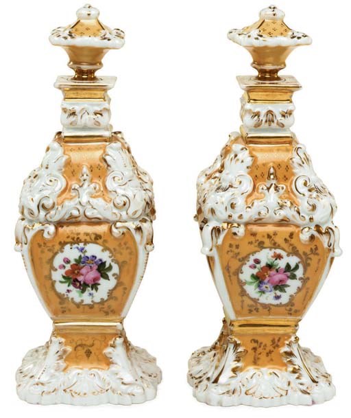 A PAIR OF JACOB PETIT STYLE PORCELAIN APRICOT-GROUND SCENT-BOTTLES AND STOPPERS