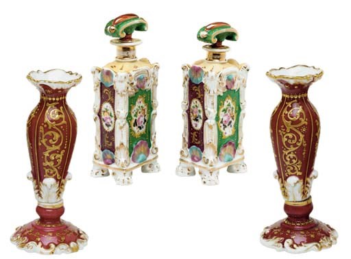 A PAIR OF JACOB PETIT BUD VASES AND A PAIR OF JACOB PETIT STYLE SCENT-BOTTLES AND STOPPERS