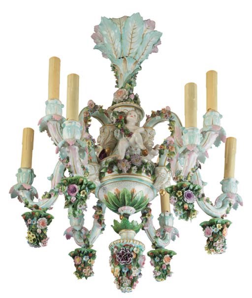 A DRESDEN PORCELAIN FLOWER-ENCRUSTED NINE-LIGHT CHANDELIER