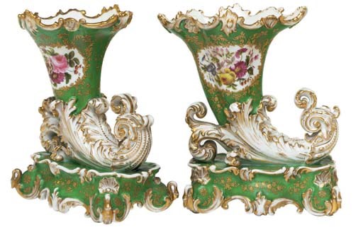A PAIR OF JACOB PETIT PORCELAIN APPLE-GREEN GROUND VASES ON FIXED STANDS