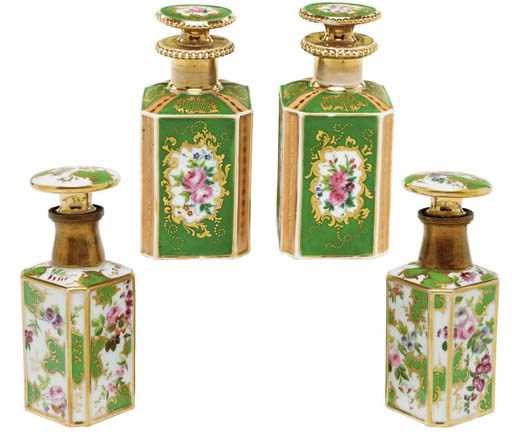 TWO PAIRS OF JACOB PETIT STYLE PORCELAIN SCENT-BOTTLES AND STOPPERS