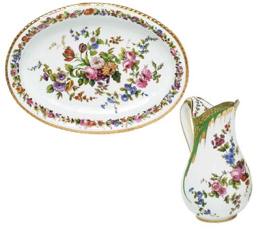 AN ASSEMBLED SEVRES STYLE PORCELAIN GREEN-GROUND EWER AND BASIN