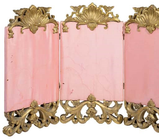 A CONTINENTAL BAROQUE STYLE GILTWOOD THREE-LEAF SCREEN