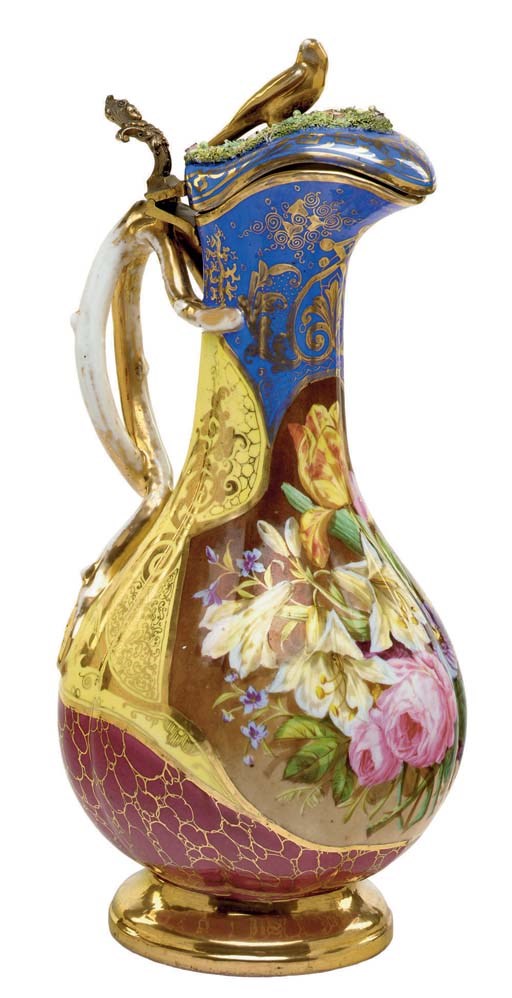 A JACOB PETIT PORCELAIN GILT-METAL MOUNTED POLYCHROME GROUND EWER AND COVER
