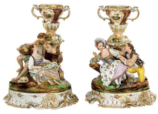 A PAIR OF JACOB PETIT PORCELAIN COMPANION FIGURE GROUPS