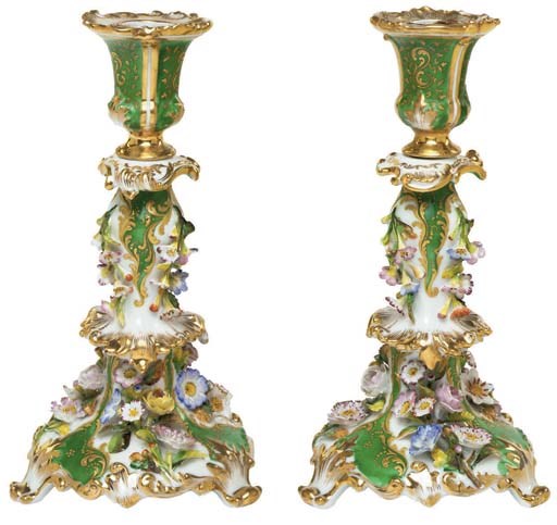 A PAIR OF JACOB PETIT PORCELAIN FLOWER-ENCRUSTED APPLE-GREEN GROUND CANDLESTICKS