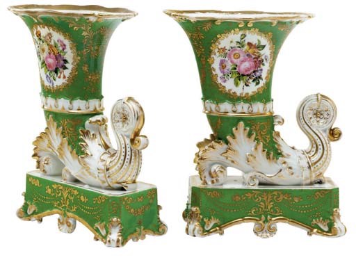 A PAIR OF JACOB PETIT PORCELAIN GREEN-GROUND VASES ON FIXED STANDS