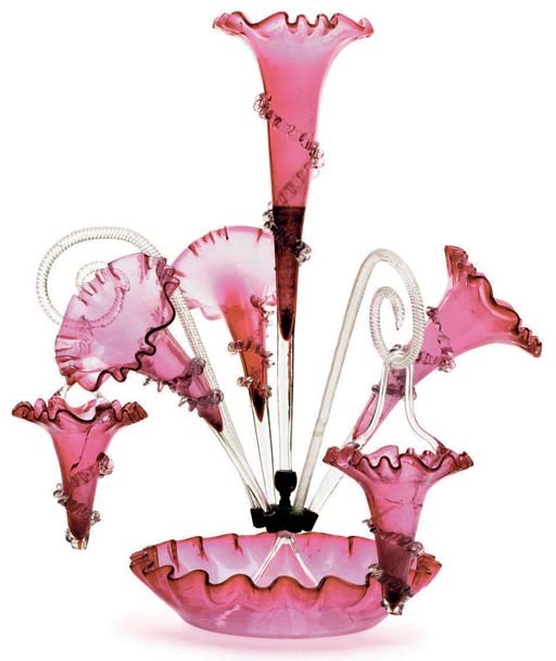 TWO VARIANT ENGLISH CRANBERRY GLASS EPERGNES