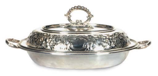 A SILVER-PLATED VEGETABLE DISH AND COVER AND RECTANGULAR CHAFING DISH STAND AND BURNER,