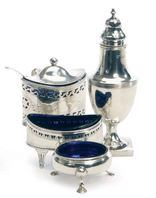 A GROUP OF ENGLISH SILVER CASTERS AND SALT CELLARS,