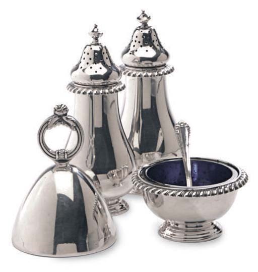 A GROUP OF AMERICAN SILVER SALT CELLARS AND PEPPER GRINDERS AND A TABLE BELL,