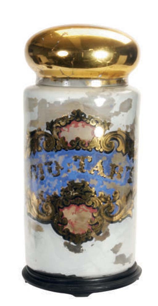 A REVERSE PAINTED GLASS JAR AND COVER,