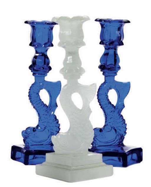 AN AMERCIAN MOLDED GLASS DOLPHIN CANDLESTICK,