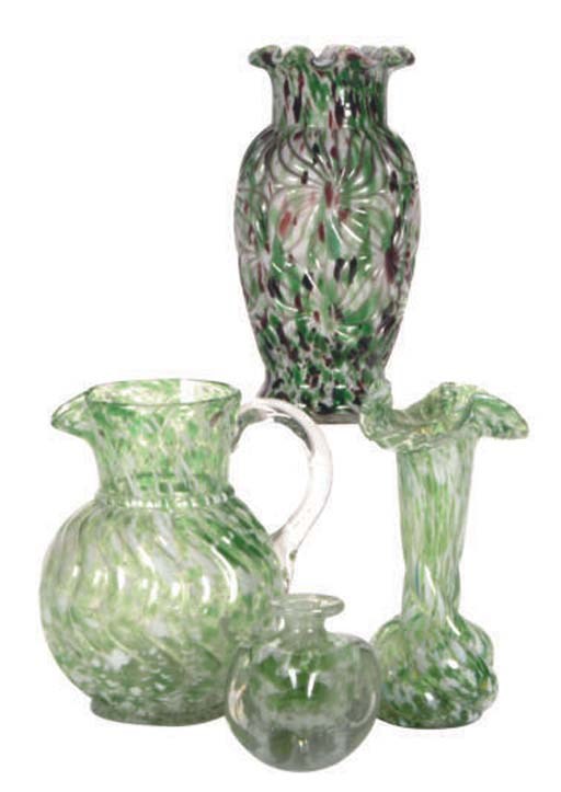 A GROUP OF TEN SPATTER GLASS VASES,