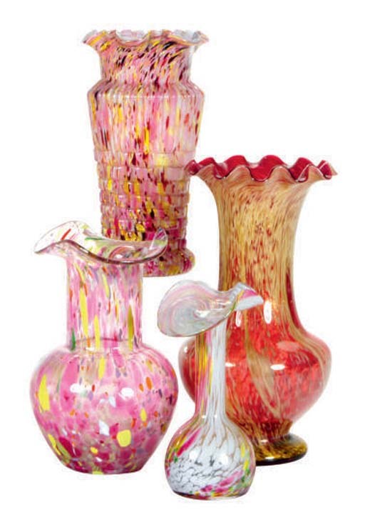 A GROUP OF TEN SPATTER GLASS VASES,