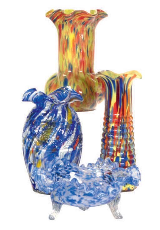 A GROUP OF TEN SPATTER GLASS VASES,
