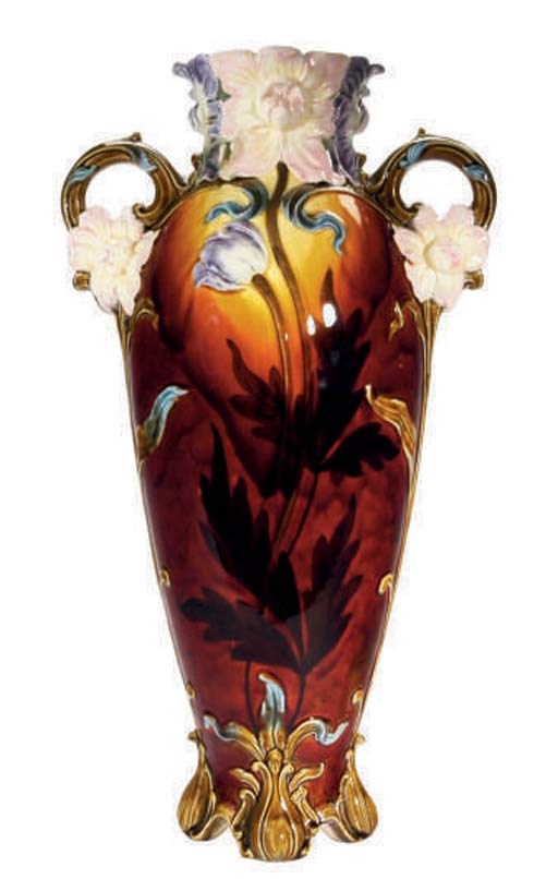 A FRENCH MAJOLICA POLYCHROME-GLAZED TWO-HANDLED VASE,