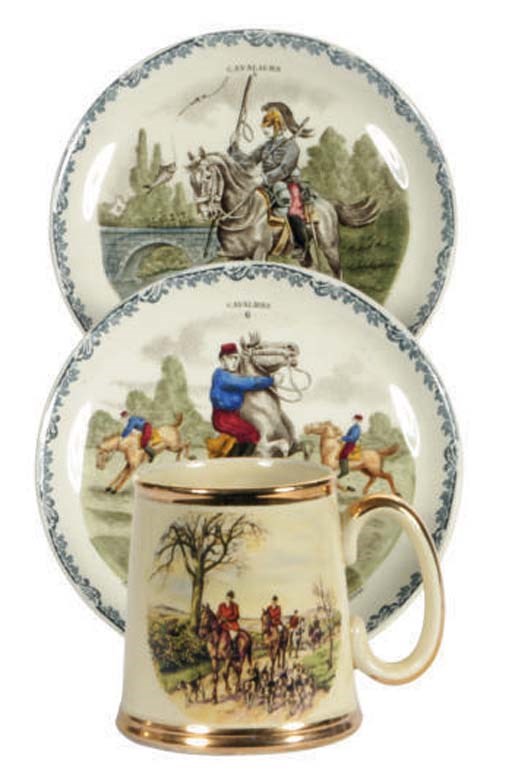 A SET OF TWELVE FRENCH DESSERT PLATES AND SIX STAFFORDSHIRE MUGS,