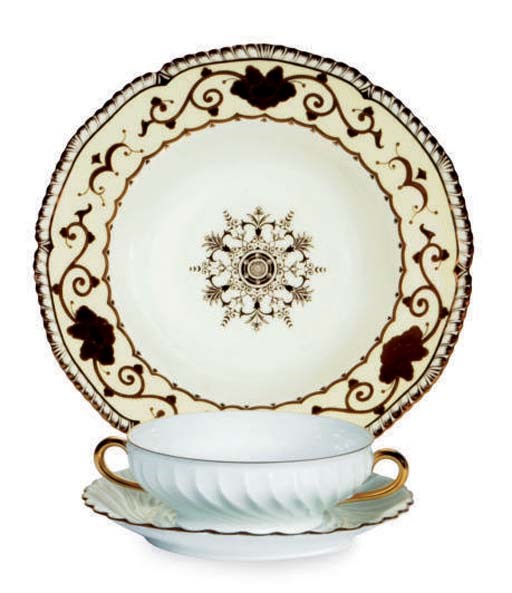 TWELVE ENGLISH PORCELAIN CREAM SOUP BOWLS AND TWELVE FRENCH PORCELAIN BOUILLON SOUP BOWLS AND SAUCERS,