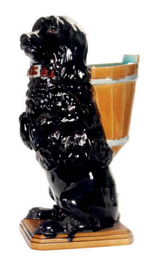 AN AMERICAN EARTHENWARE UMBRELLA STAND MODELED AS A SPANIEL,